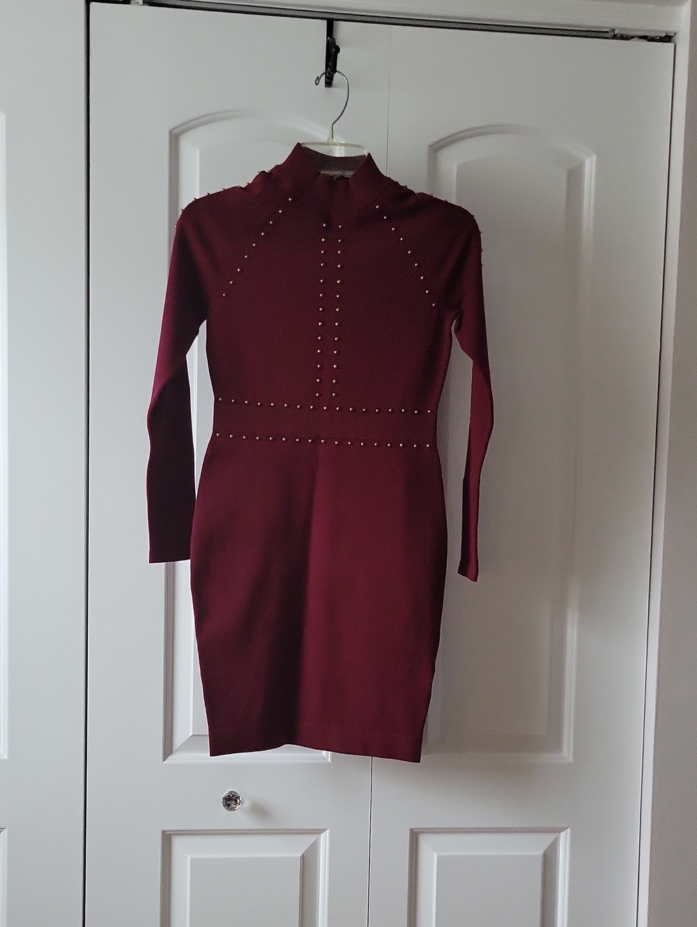 Karen Millen- Long-Sleeve Studded Bodycon Dress - Burgundy-Size:S